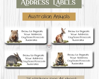 May include: Four rectangular address labels featuring Australian animals including a wombat, kangaroo, bilby, and quokka. Each label includes the text Beau La Digitals, Your Address, City/State/Postcode, and Australia. The sheet contains 24 stickers per A4 sheet.