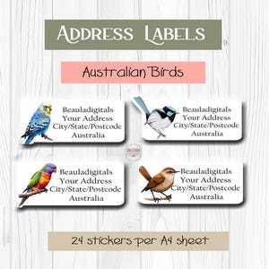 May include: Four rectangular address labels featuring illustrations of Australian birds including a budgerigar, a fairy-wren, a lorikeet, and a thornbill. Each label includes the text Beauladigitals, Your Address, City/State/Postcode, and Australia.