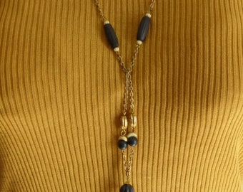 1980s Casual Corner tassel necklace, navy, white and gold tone