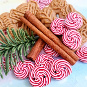 Könnte beinhalten: Eine festliche Anordnung mit rot-weiß spiralförmigen Knöpfen, Zimtstangen, Lebkuchen und einem Tannenzweig. Die Elemente sind auf einer hellblauen und weißen Oberfläche angeordnet, was ein weihnachtliches Thema hervorruft.