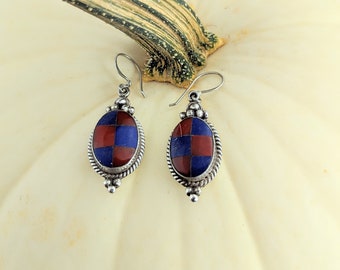 Vintage Tibetan Lapis Lazuli & Coral Earrings // Himalayan Geometric Dangle Earrings // Traditional Oval Inlay Sterling Silver Earrings