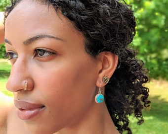 Vintage Tibetan Turquoise Coral Inlay Earrings // Lightweight Dangle Jewelry