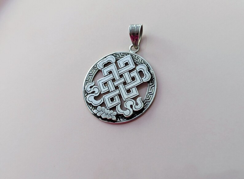 Endless Knot Buddhist Symbol Pendant // Sterling Silver Endless Knot & Lotus Jewelry // Incised Tibetan Sacred Symbol Pendant image 4