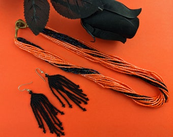 Himalayan Black & Orange Bead Necklace with Matching Earring Set // Halloween Jewelry // Drop Dangle Earrings