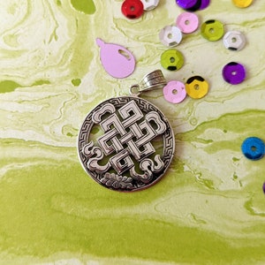 Endless Knot Buddhist Symbol Pendant // Sterling Silver Endless Knot & Lotus Jewelry // Incised Tibetan Sacred Symbol Pendant image 1