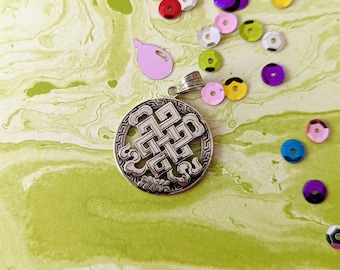 Endless Knot Buddhist Symbol Pendant // Sterling Silver Endless Knot & Lotus Jewelry // Incised Tibetan Sacred Symbol Pendant