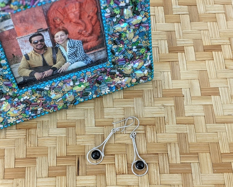 Sterling Silver /& Onyx Pendulum Earrings Long Onyx Dangle Earrings Designer Onyx Earrings for Her