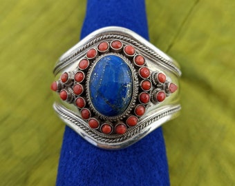 Tibetan Lapis Lazuli & Coral Sterling Silver Cuff // Boho Hippie Cuff // The Ultimate Statement Piece