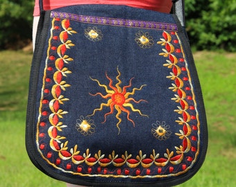 Himalayan Celestial Denim Shoulder Bag // Boho Embroidered Symbol Bag // Colorburst Sun Adjustable Bag // Perfect Bag for Her