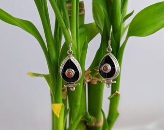 Tibetan Teardrop Inlay Earrings // Coral & Lapis Dangles // Lapis and Coral Himalayan Jewelry // Black Onyx and Mother of Pearl Earrings