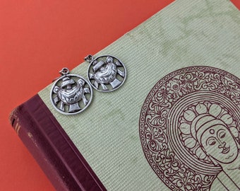 Vintage Tibetan Buddhism Treasure Vase Earrings // Himalayan Eight Auspicious Symbols Earrings // Sterling Symbol Of Health And Prosperity