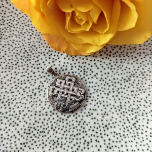 Endless Knot Buddhist Symbol Pendant // Sterling Silver Endless Knot & Lotus Jewelry // Incised Tibetan Sacred Symbol Pendant image 2