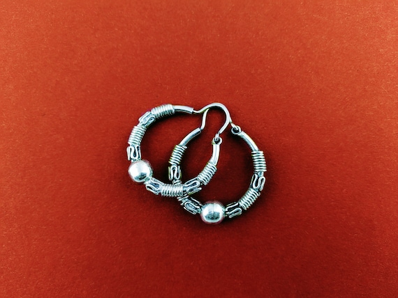 Wrapped Wire Hoop Earrings // Sterling Silver Whi… - image 1