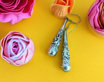 Vintage Repousse Teardrop Earrings // Sterling Silver Himalayan Dangle Earrings // Geometric  & Floral Nepal Traditional Nepali Ornament