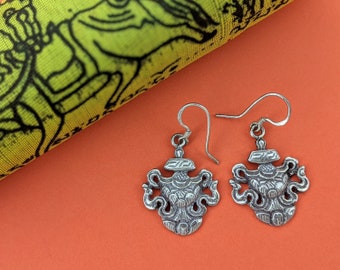 Tibetan Auspicious Symbol Repousse Dangles // Ashtamangala Tibetan Incised Sterling Silver Earrings // Buddhist Treasure Vase Earrings