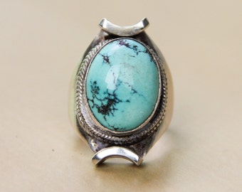Tibetan Turquoise Ring // Sterling Silver Ring // Boho Jewelry // Ethnic Style // Teal Ring