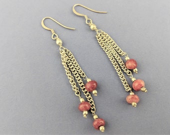 Pujanil Rose Agate Sterling Earrings // Long Pink Silver Dangle Earrings // Designer Minimalist Rose Earrings // Pink and Silver Jewelry