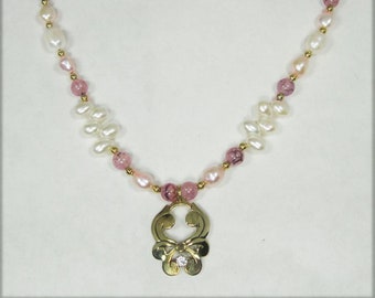 Art Nouveau Bronze CZ Pendant on a strand of Pearl & Pink Dragon Vein Beads