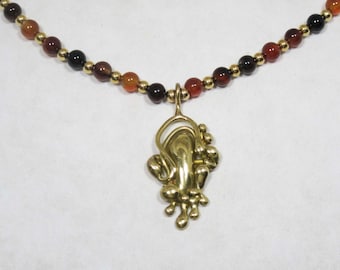Bronze Fusion Pendant 02 on Strand of Agate & Gold Metal Beads