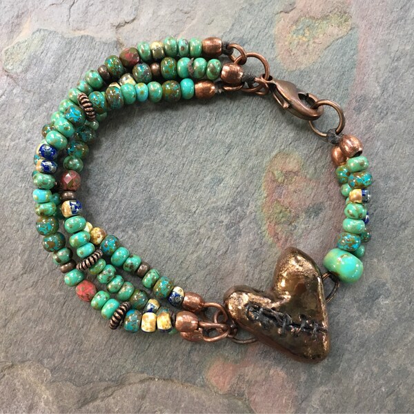 SOLD RESERVED Ceramic Beaded Bracelet, Artisan Colorful Bracelet, ScorchedEarthOnEtsy, Boho Heart Beaded Bracelet, Eclectic Jewelry, Handmad