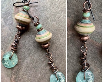 Unusual Earrings, Eclectic Jewelry, Ancient Glass Earrings, Funky Earthy Dangle Earrings, Artsy, Bohemian Jewelry, SheFliesAgain, Lightweigt