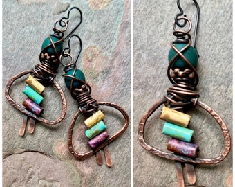 Hand Forged Copper Earrings, Unusual Handmade Jewelry, Funky Earthy, Bohemian Artsy Accessories, Boho Earrings Eclectic, SheFliesAgain,