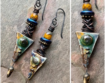 Unusual Earrings, Funky Boho, Artsy Earthy, Dagger Earrings, Multocolored, Bohemian Handmade, Dangle Earrings, ScorchedEarth, SheFliesAgain