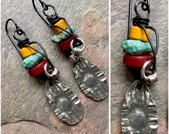 Unusual Zia Sun Earrings, Funky Inviciti, Tribal Earthy Earrings, Turquoise Bohemian Handmade, Artsy Artisan Jewelry, Boho, SheFliesAgain,