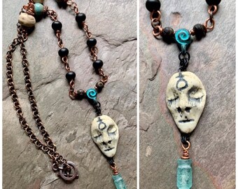 Unusual Serenity Face Necklace, Funky Ceramic Boho Necklace, Artsy Bohemian Jewelry, ScorchedEarth, Peaceful Beaded Necklace, SheFliesAgain