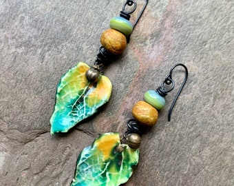 Unusual Spring Leaves, Colorful Earrings,  Lampwork Ceramic, Funky Unusual, Rustic Boho Jewelry, Earthy Bohemian, SheFliesAgain