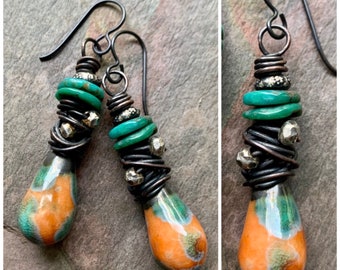 Funky Turquoise Earrings, Unusual Ceramic, Boho Earrings, Earthy, Bohemian Jewelry, Eclectic Dangle Earrings, Scorched Earth, SheFliesAgain