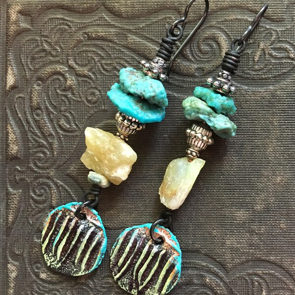 SOLD RESERVED Natural Stone Ceramic Earrings, FoxPaws Handmade Artisan Earrings, Natural Green Turquoise Stone Jewelry, Hippie Jewelry