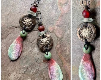 Artsy Funky Earrings, On Sale, Long Unusual Ceramic Earrings, Kuchi, Scorched Earth, Bohemian Dragonfly Wings, SheFliesAgain, Boho Jewelry