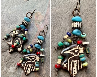 Petroglyph Earrings, Unusual Tribal Funky Jewelry, Earthy Earrings, Artsy, Eclectic, Boho Earrings, HappyFishThings, Bohemian, SheFliesAgain