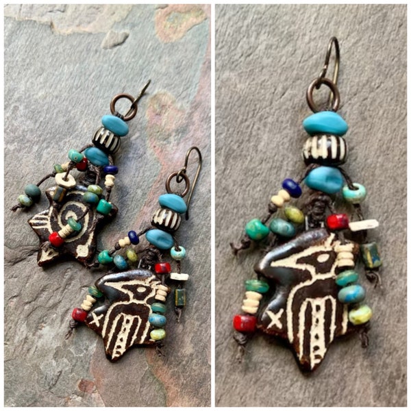 Petroglyph Earrings, Unusual Tribal Funky Jewelry, Earthy Earrings, Artsy, Eclectic, Boho Earrings, HappyFishThings, Bohemian, SheFliesAgain