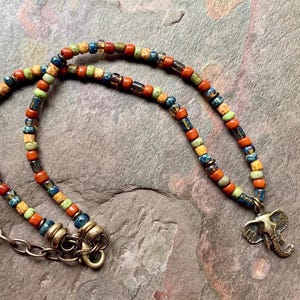 Colorful Beaded Necklace, Elephant Czech Glass Layering Necklace, Boho Artsy Necklace, Earthy Jewelry,  Bohemian, She Flies Again