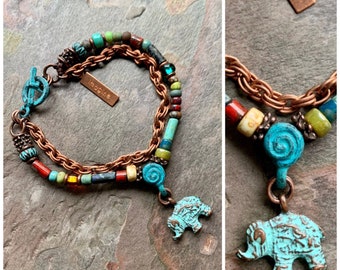 Funky Boho Bracelet, Earthy Elephant Beaded Bracelet, Artsy, Unusual Bohemian Jewelry, Red Turquoise Copper Bracelet, SheFliesAgain