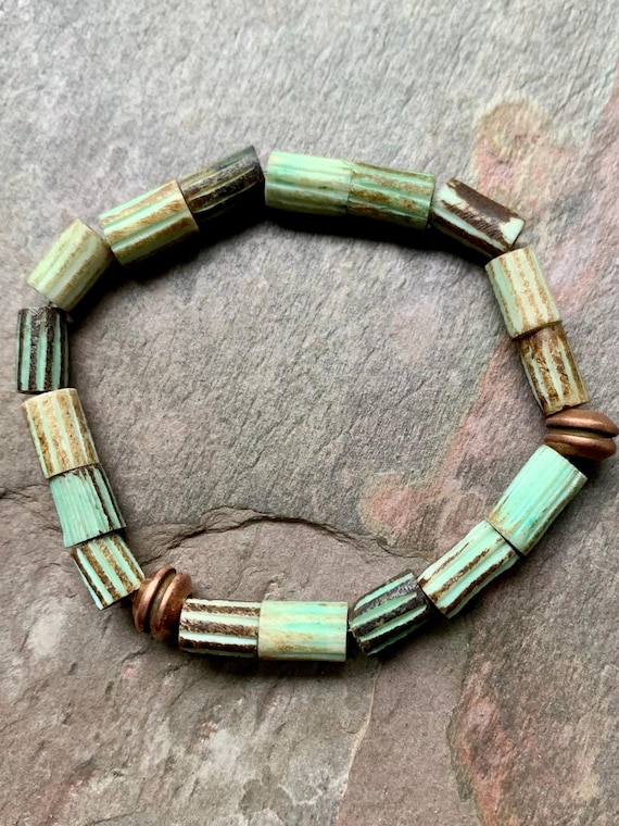 Stretch Bone Bead Bracelet, Funky Beaded Bracelet, Earthy Artsy