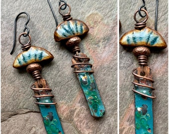 Unusual Enameled Copper Earrings, Funky Boho, Bohemian Jewelry, Earthy, Ceramic Beads, SheFliesAgain, Blue Green Earrings