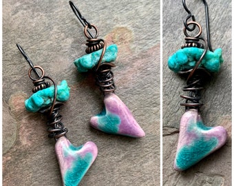 Funky Heart Earrings, Unusual Turquoise Earrings, Boho Chic Organic, Bohemian Earthy, Artsy Dangle, SheFliesAgain, ScorchedEarth, Rustic