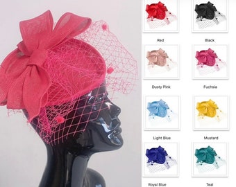 Teardrop Pointed Pillbox Base Large Bow Fascinator with Birdcage Veil on Headband - Various Colours