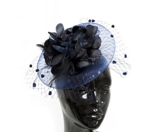 Caprilite Navy Blue Fascinator Headband Hair Band Flower with Veil net