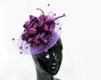 Caprilite Purple Fascinator Diadema Banda para el cabello Flor con red de velo