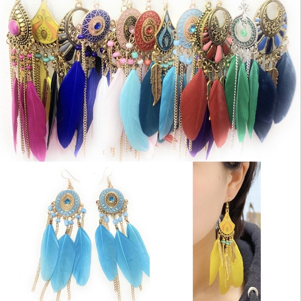 Déclaration faite à la main Plume Chandelier Boucles d’oreilles Gold Tone Gypsy Boho Tribal Tassel - Percé ou Clip On