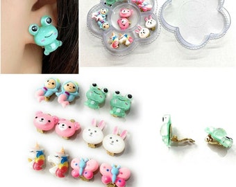 6 Pairs Handmade Girls CLIP ON Earrings Set in Gift Box - Cute Animals Frog Butterfly Unicorn Mermaid Bear Rabbit