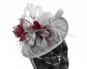 Grey Silver Feather Flower Disc Saucer Hat Fascinator Hair Races Wedding 6817