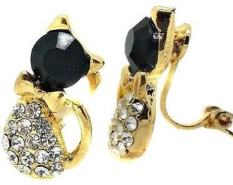 Kitty Cat Earrings rhinestone Gold Black design Clip On Studs Costume Jewellery