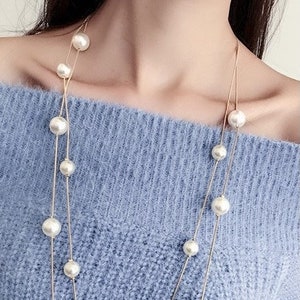 Long Statement Sweater T Shirt Gold Faux Pearl Fashion Gatsby Double Layer Necklace Gift UK