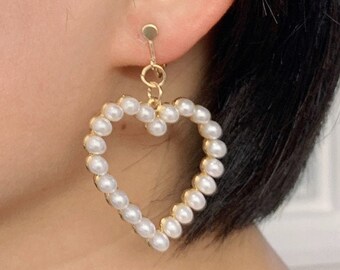 Girls' Women's Gold Pearl Hoop Hoops Heart Dangle Clip On Earrings Drop UK Gift