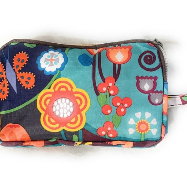 Fun PVC Canvas Wallet Purse Pouch Triple Zip w/ Wrist Strap Wristlet Clutch Bag - Abstract Floral